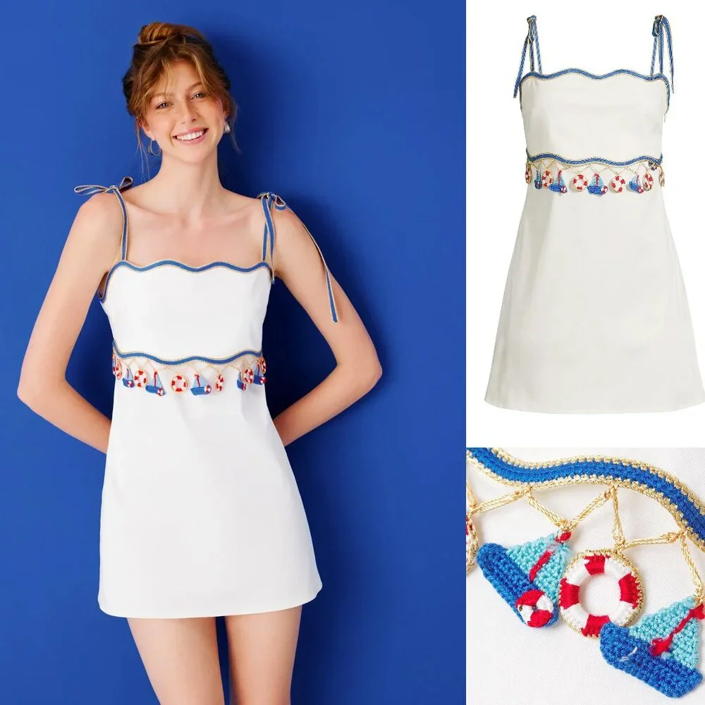 My Beachy Side Muse WHITE NAUTICAL CROCHET SAIL BOAT MINI DRESS LARGE NWT L - Picture 1 of 11